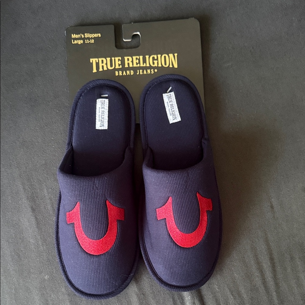 True Religion Navy Slippers with Red Emblem